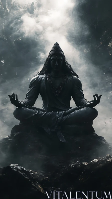 Mountain-breath yogi statue seated inside storm-born silence.