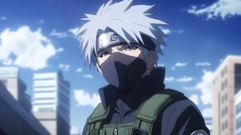 Masked silver haired ninja stands calm beneath vivid city sky.