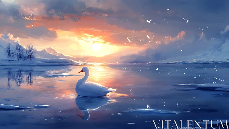 Graceful swan drifting through a glowing winter sunset.
