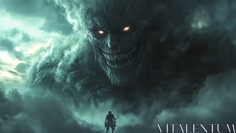 Colossal cloud demon looms over armed silhouette in atmospheric fog