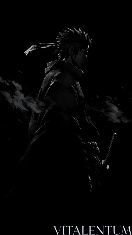 Lone anime swordsman in dramatic monochrome silhouette at night.