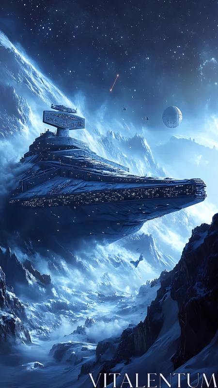 Glacial star destroyer drifting above a storm of frozen light.