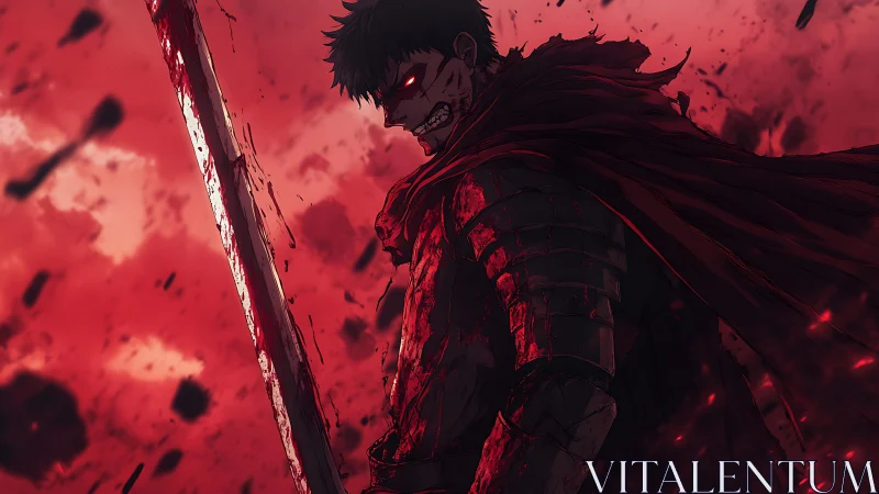 Bloodied swordsman stalks burning battlefield under red sky.