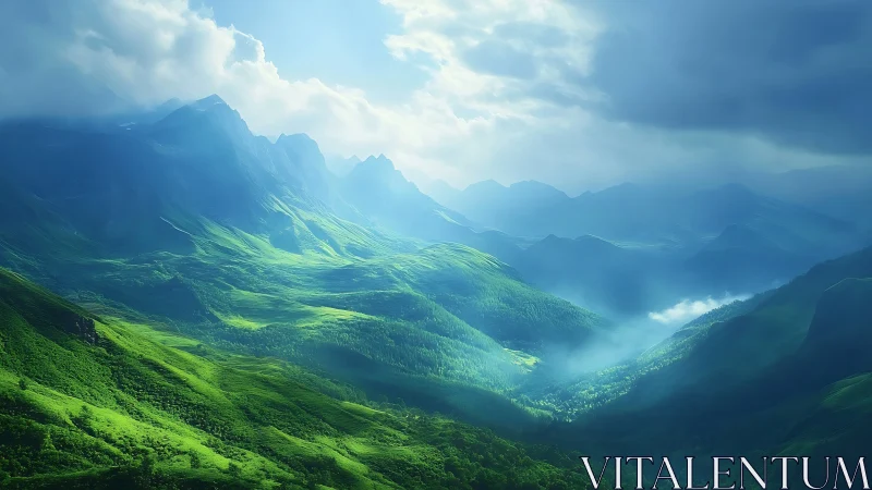 Emerald stormlit highlands breathing in blue mountain haze.