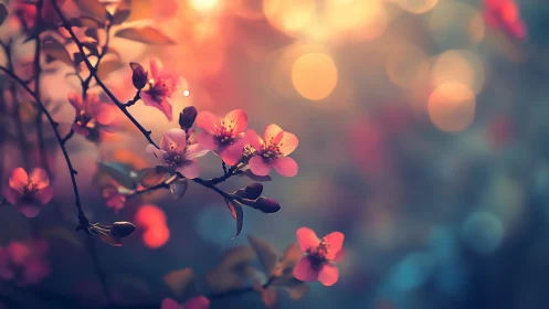 Pink cherry blossoms on branch with diffused light background.