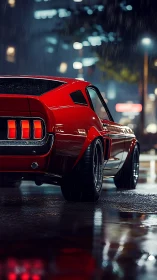 Scarlet street racer idling under neon rainlight hush.