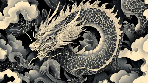 Monochrome oriental dragon coils through storm clouds.