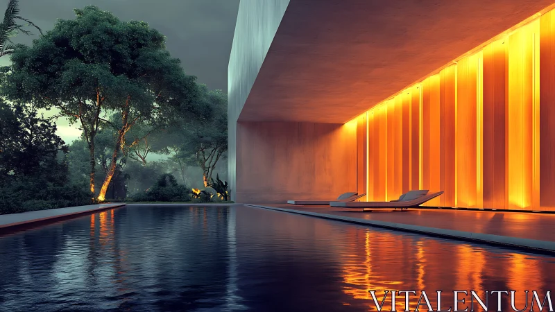Modern Luxury Pool at Twilight with Illuminated Glass Wall