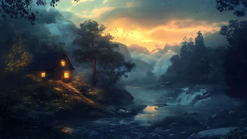 Digital painting of riverside cabin in misted twilight forest.