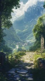 Sunlit stone path leading into a tranquil alpine valley.