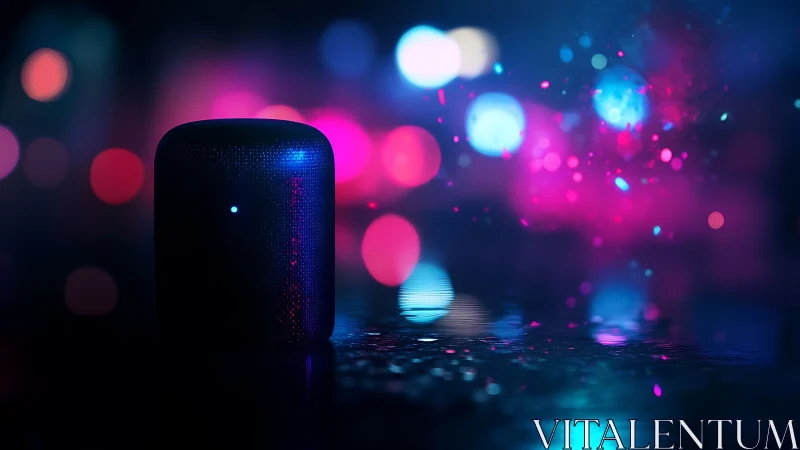 Smart speaker stands on reflective surface with neon bokeh