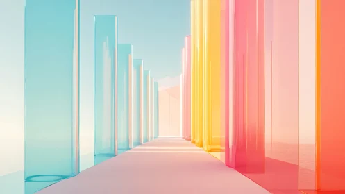 Pastel glass corridor with luminous vertical columns.