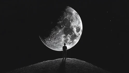 Solitary dreamer studies a colossal moon in silent orbit