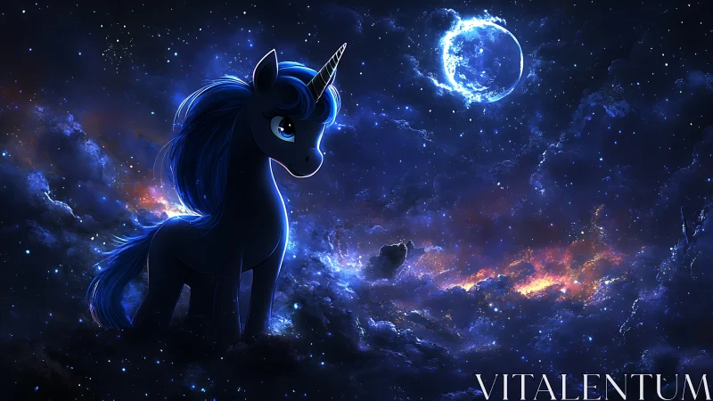 Blue cartoon unicorn stands in glowing cosmic night sky