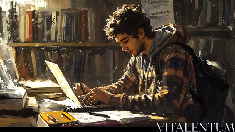 Library workstation study scene with textured digital lighting.