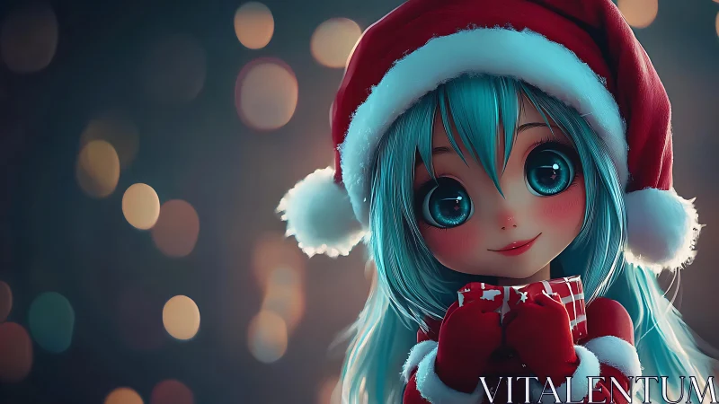 Chromatic-eyed chibi girl in Santa attire with gift box.