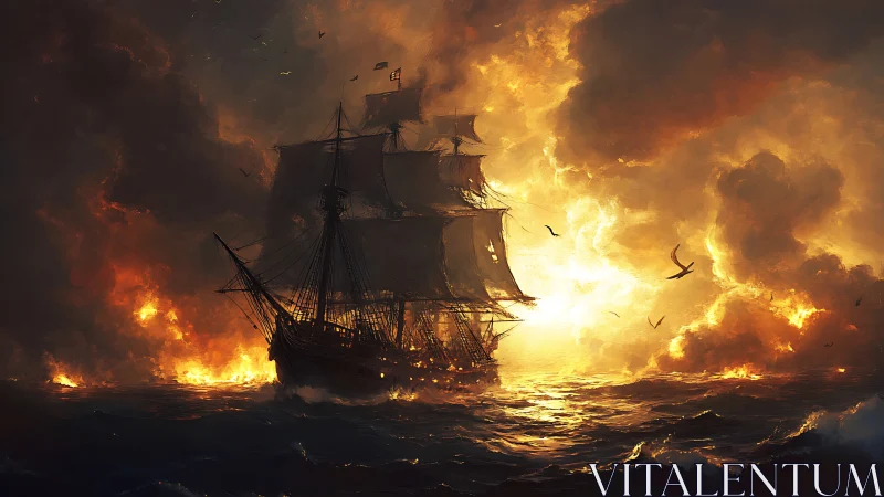 Burning warship cuts through stormlit ocean under blazing sky
