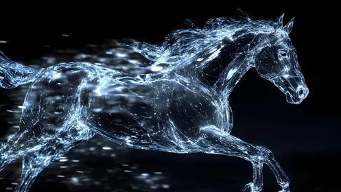 Digital luminous horse in motion, futuristic sci-fi art style.