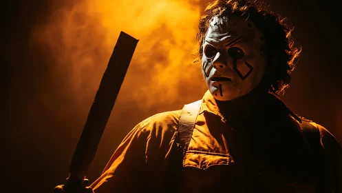 Masked figure stands in fiery orange fog, holding a club.