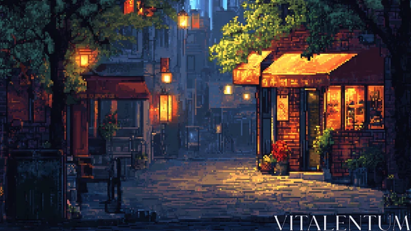Pixel street corner glows with warm nostalgic evening light.