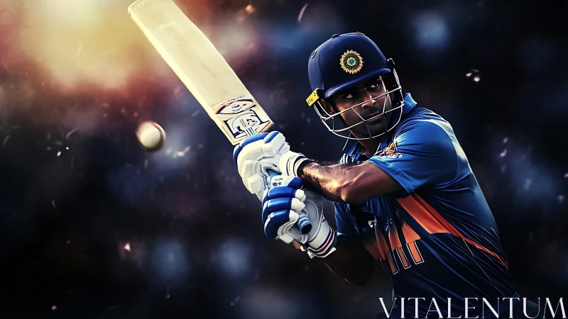 Cricket batsman launches a dynamic shot under stadium lights