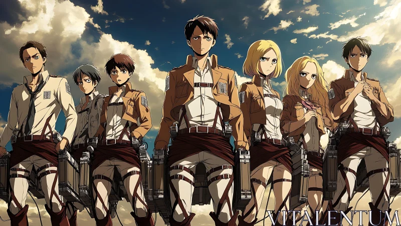 Squadron of anime cadets with maneuver gear under storm clouds