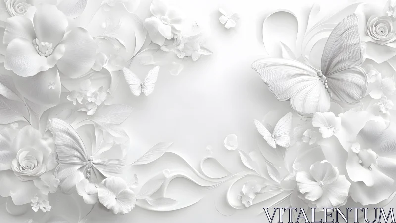Elegant white 3D butterflies and flowers on textured background.