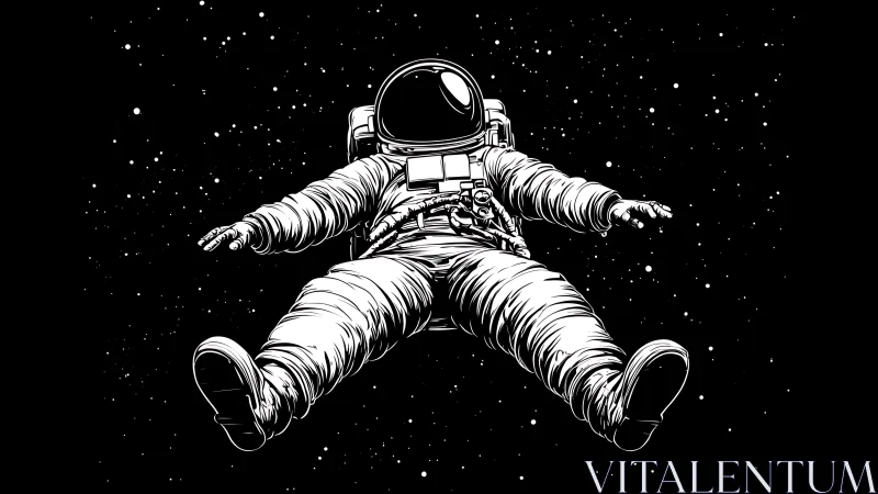 Astronaut drifts weightless through deep star-filled void.