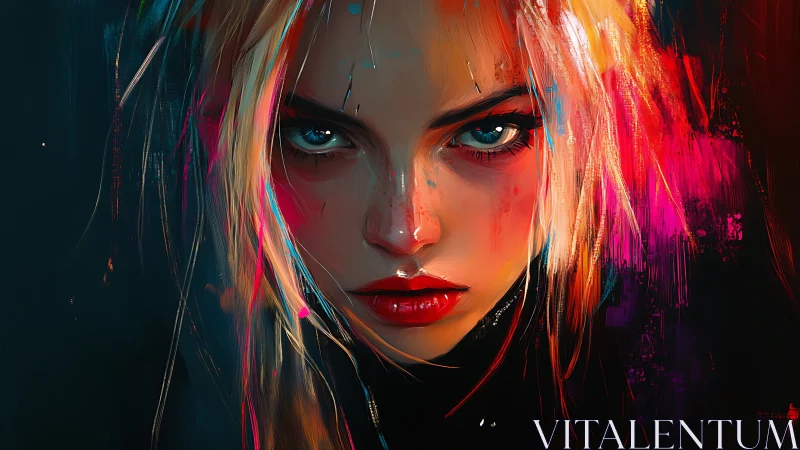 Blonde female portrait with neon color streaks on dark field.