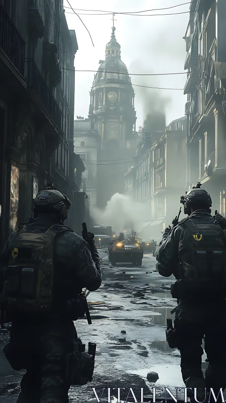 Armed soldiers advance through war‑damaged European city street