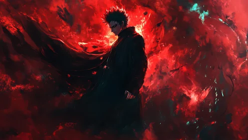 Solitary dark figure encircled by turbulent crimson energy field