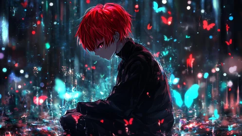 Red haired anime boy sits alone in neon butterfly rain.