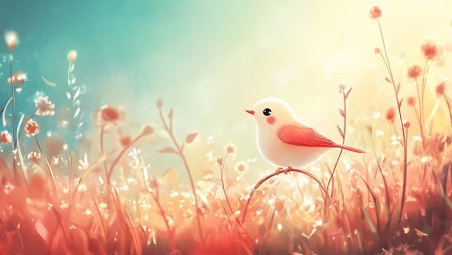 Softly lit stylized songbird in warm bokeh flower meadow