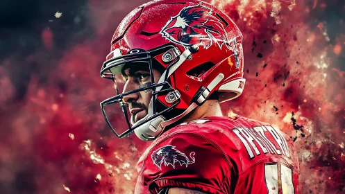 Crimson armored quarterback stalks the field through firestorm