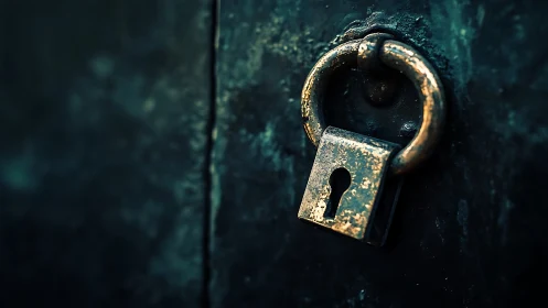 Rustic brass padlock on dark metal door in close focus.