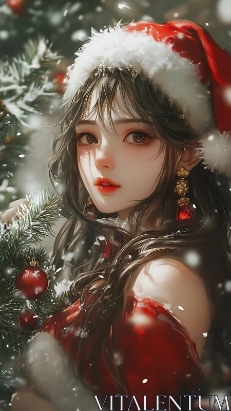 Festive anime girl in red Santa outfit by Christmas tree.
