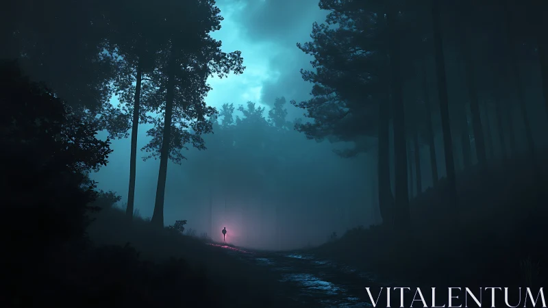 Nocturnal fog forest with lone figure and emissive magenta light.