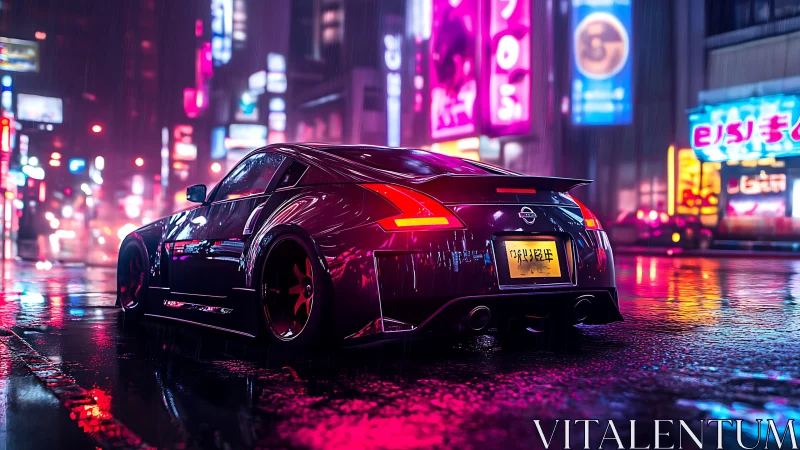 Neon drenched street racer idling in a rainy city night.