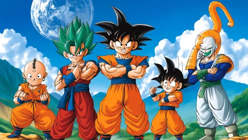 Anime warriors pose under bright sky and distant moon.