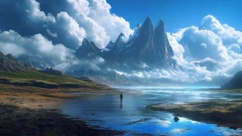 Solitary figure crossing reflective river before jagged spires