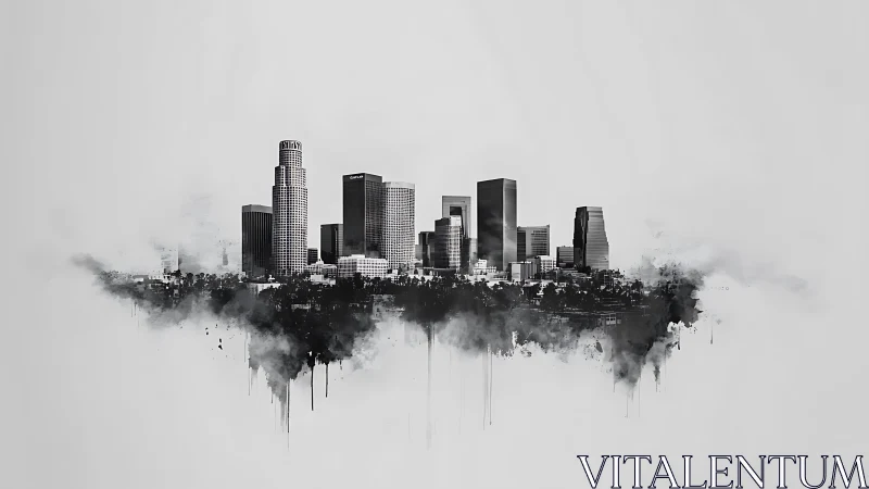 Monochrome city skyline with watercolor ink effects.