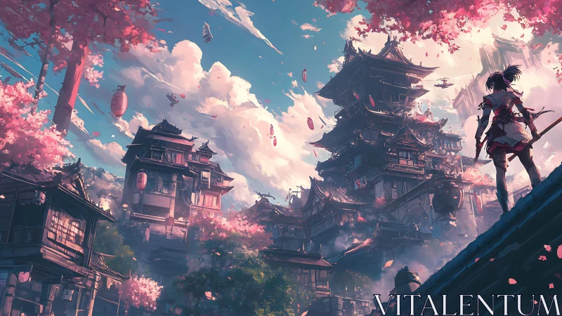 Samurai observer over neo-feudal pagoda city in sakura bloom