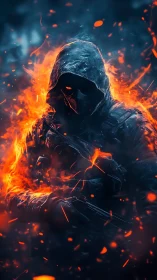Hooded inferno soldier emerging through blazing blue haze.