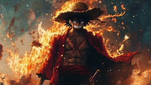 Anime pirate warrior strides through blazing firestorm.