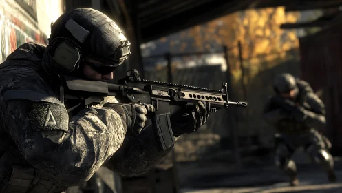 Tactical soldier aiming rifle in cinematic urban firefight.