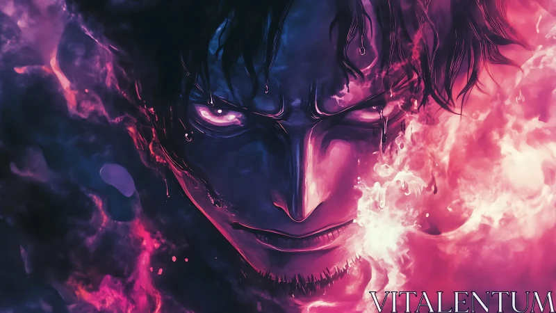 Burning anime antihero emerges from swirling neon firestorm