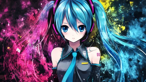 Blue haired anime girl with vibrant splatter background.