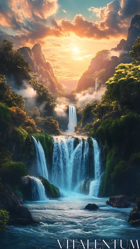 Sunlit mountain waterfalls cascade through misty valleys.