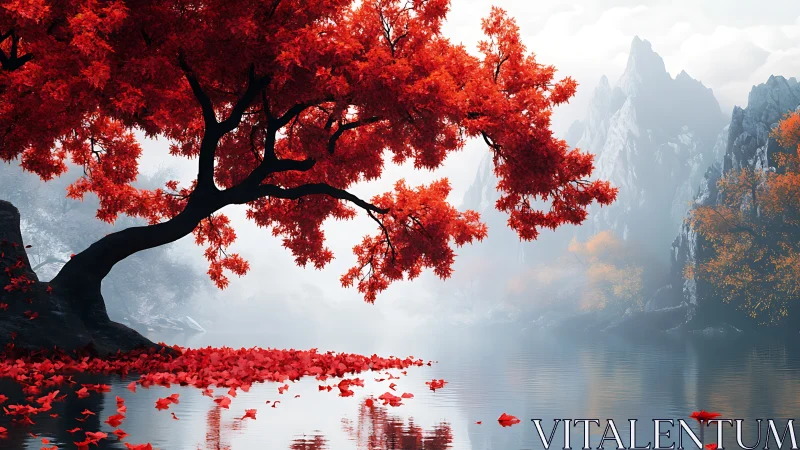 Crimson maple dreaming over a misty mountain lake.