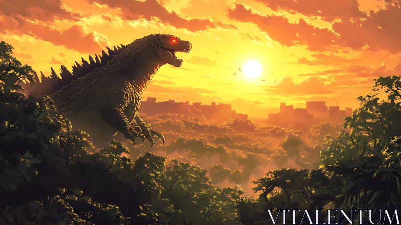 Colossal reptilian kaiju dominates sunlit jungle skyline at dusk
